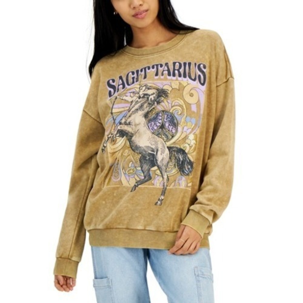 Sagittarius Zodiac Sweatshirt Juniors XL Brown Acid Wash Graphic Glitter
